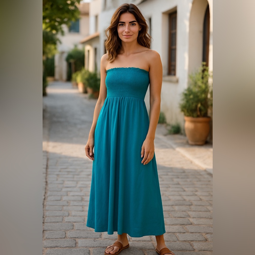 NWOT Joseph Ribkoff Teal Strapless Smocked Body Wid Leg Jumpsuit